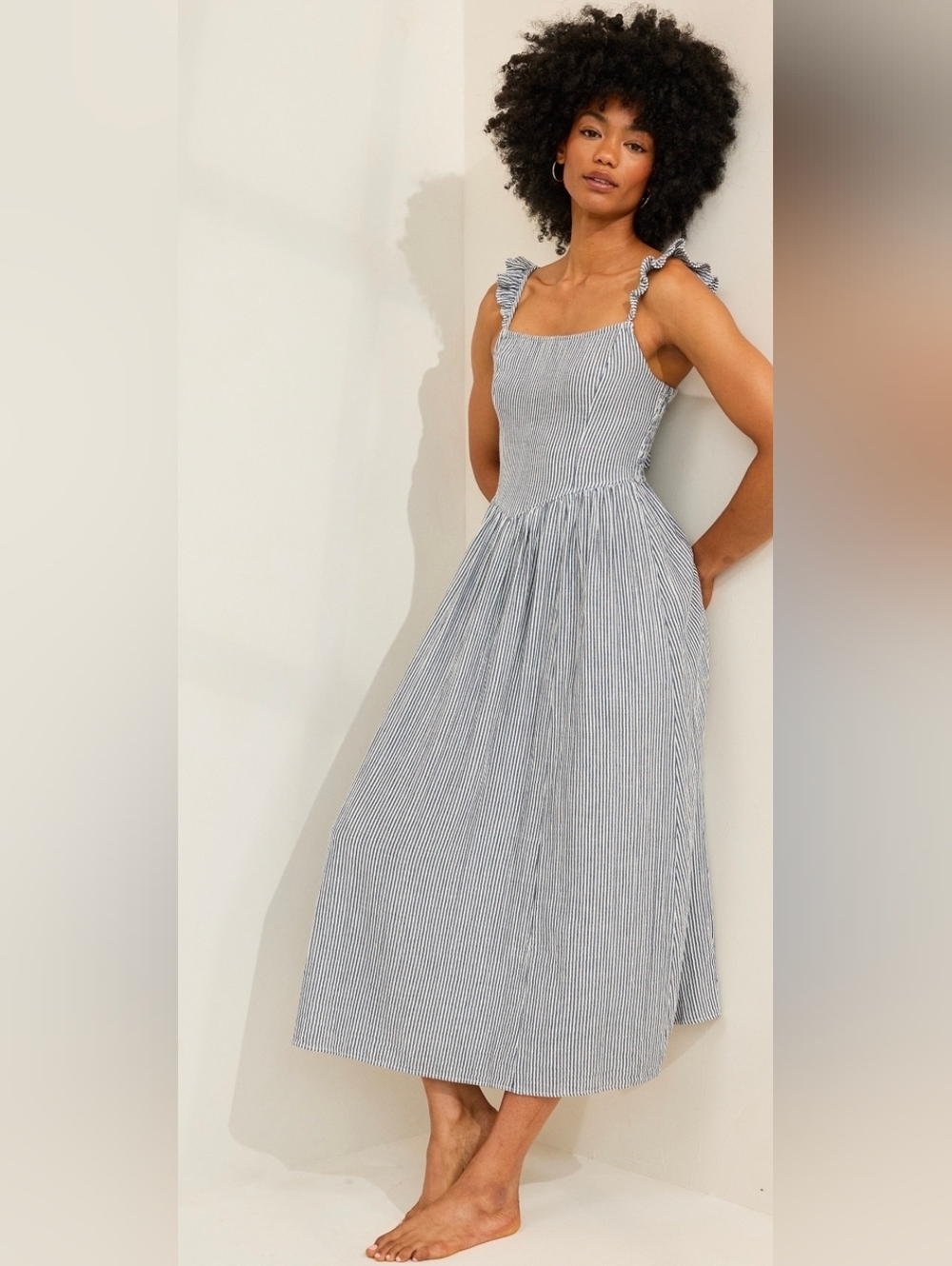 aerie Black & White Pinstripe Ruffle Strap Maxi Dress